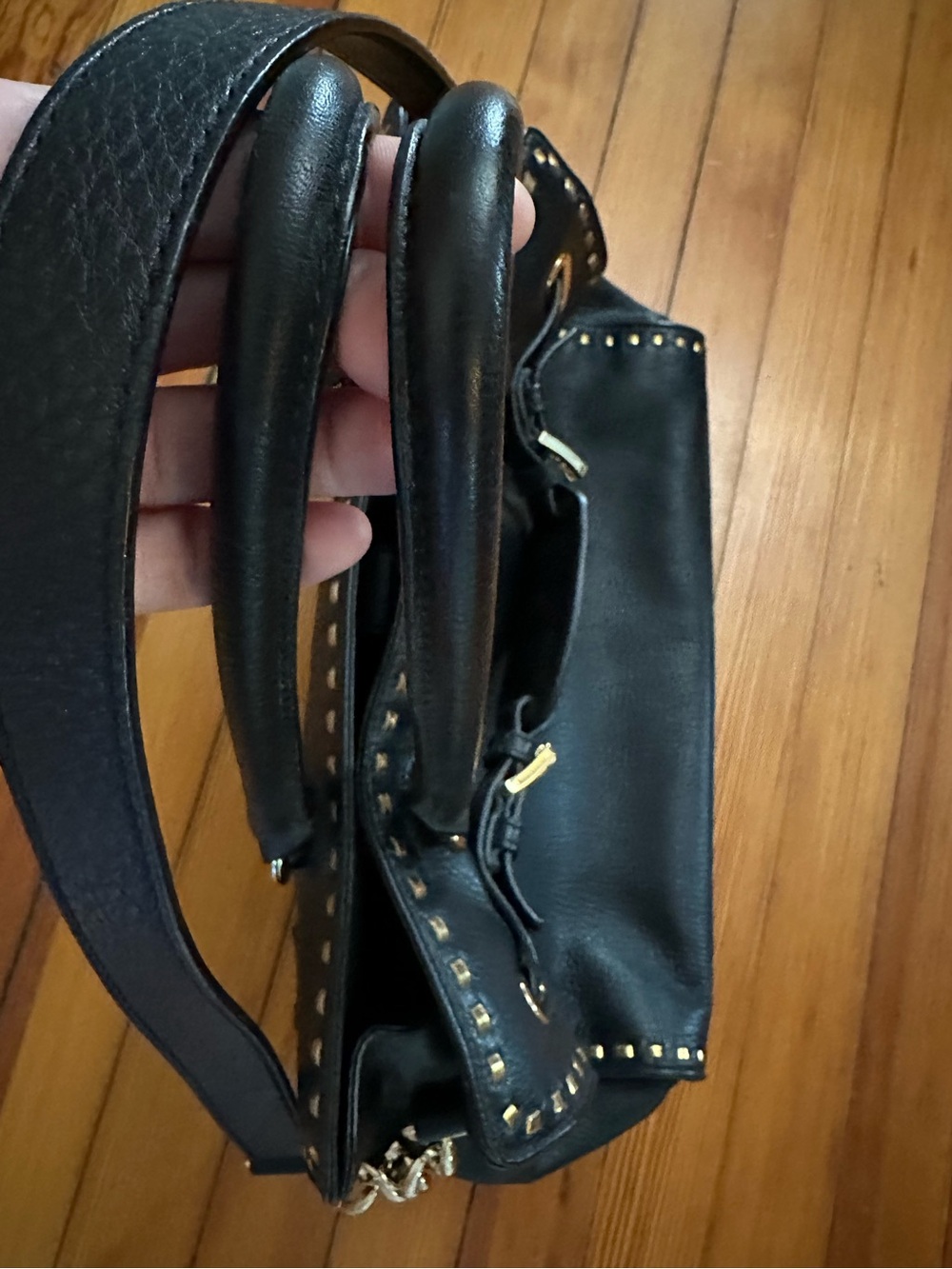 Michael Kors Black Leather Studded Tote Shoulder Bag Gold Hardware - Picture 5 of 12